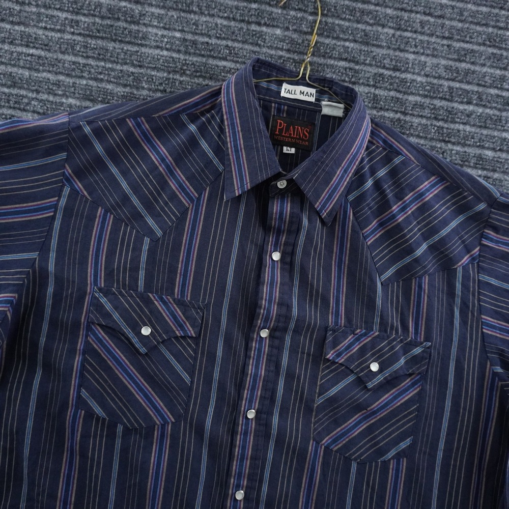 Plains Western Wear Snap Shirt Mens LT Blue Striped Pearl Snap Tall Man Long Slv